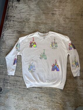Disney White Crewneck Sweatshirt with Holographic Castle Motifs
